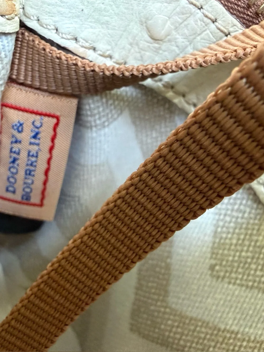 Dooney & Bourke Ivory Ostrich Leather Satchel  Purse Brown Trim Detachable Strap